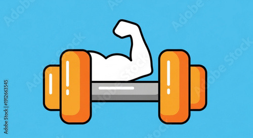 Cartoon illustration of muscular arm flexing with orange dumbbell on blue background symbolizing strength and fitness