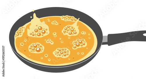 A captivating illustration of a golden, effervescent liquid vigorously bubbling within a sleek, dark frying pan, suggesting active cooking, warmth,