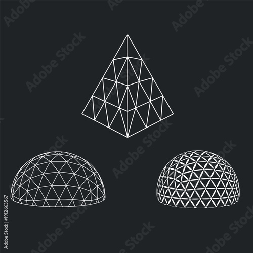 Minimal Geometric Wireframe Dome and Pyramid Structures on Dark Background