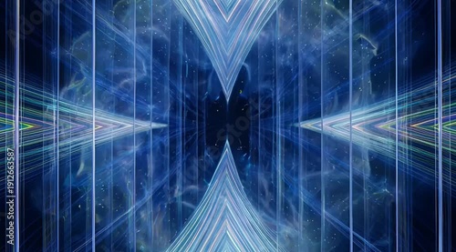 Psychedelic iridescent holographic energy burst expands in a symmetric digital tunnel Abstract technology loop