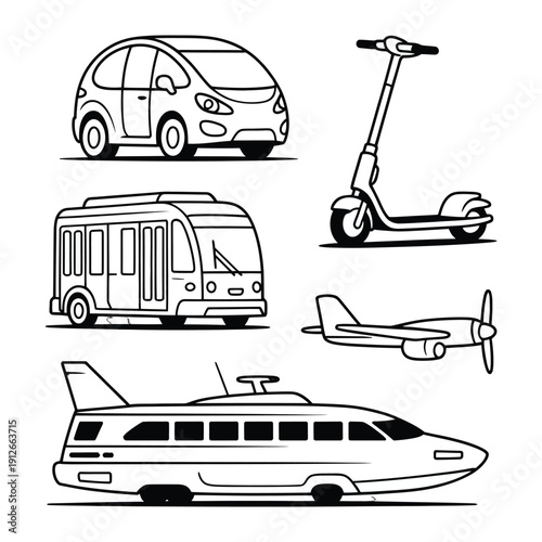Vehicular Variety: A collection of various vehicles, including an automobile, scooter, bus, airplane, and yacht, showcasing diverse transport options.