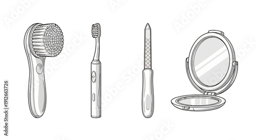 Personal Care Routine: Facial Cleanser, Electric Toothbrush, Nail File, Compact Mirror
