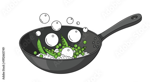 A charming illustration featuring vibrant green peas and their pods vigorously boiling in a classic dark frying pan accompanied by playful white