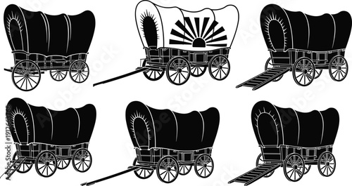 Vintage covered wagon silhouettes collection, western pioneer carriage with wooden wheels and canvas top vector illustration set