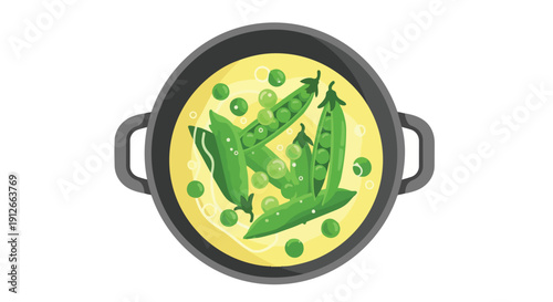 Vibrant image of fresh green peas, in pods and shelled, bubbling in creamy yellow sauce within a round cooking pot, overhead view, great for healthy
