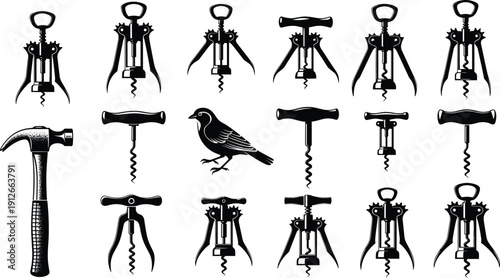 Vintage corkscrew collection with wine opener tools, hammer and bird silhouette vector illustration set isolated