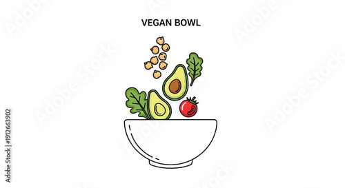 Healthy Vegan Bowl with Fresh Ingredients Falling In: Avocado, Tomato, Chickpeas, Greens