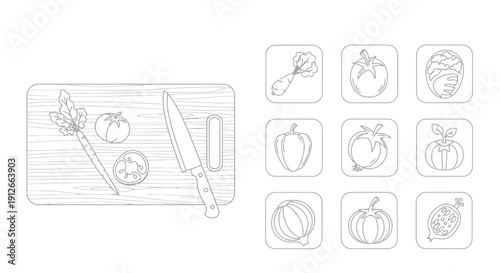 Healthy Vegetables on Cutting Board with Knife and Icons Set