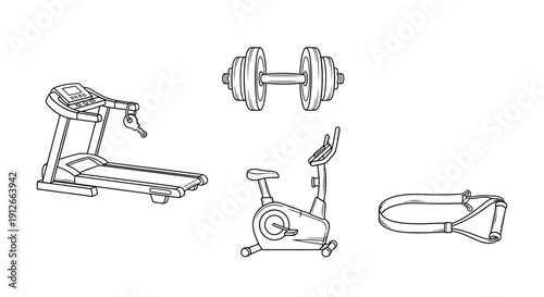 Home Gym Equipment: Treadmill, Exercise Bike, Dumbbells, and Resistance Band - Line Art