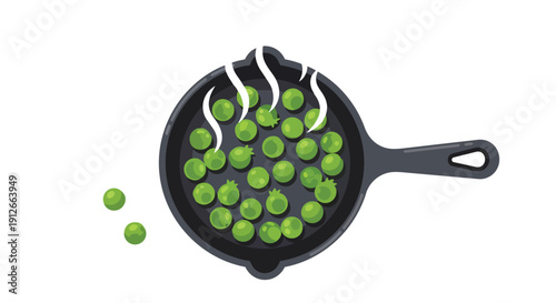 Vibrant green peas steaming in a classic cast iron pan preparing a wholesome culinary delight