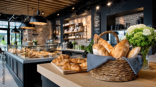 Fresh bread croissants bakery interior displaying baked goods