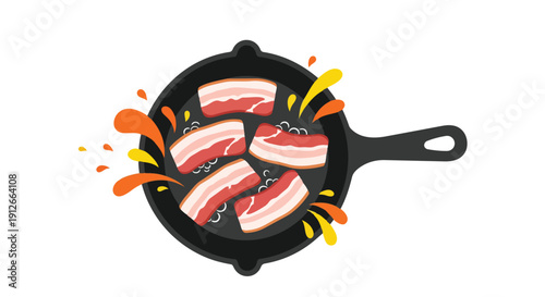 Sizzling pork belly slices cook slowly in a hot cast iron pan, creating a vibrant culinary illustration of delicious breakfast preparation with