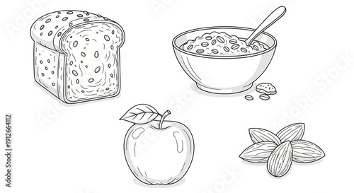 Healthy Breakfast Food Assortment: Bread, Cereal, Apple, Almonds - Black and White Illustration