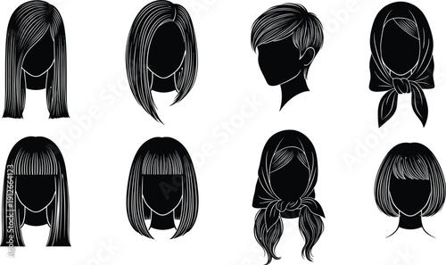 Women hairstyle silhouettes collection featuring short bob, long straight hair and headscarf styles vector illustration set