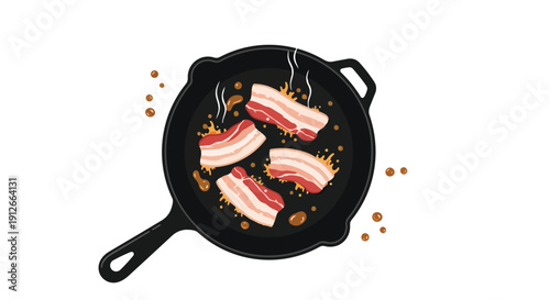 Sizzling pork belly cooking in a hot cast-iron pan with delicious fat splatters and rising steam