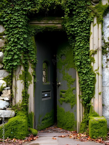 Ancient doors covered in vines and moss slowly creak open, slowly, open, decay