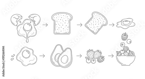 Healthy Breakfast Ingredients: Eggs, Avocado, Toast, Berries - Step-by-Step Preparation