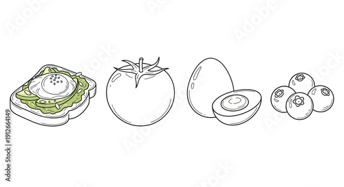 Healthy Breakfast Ingredients: Avocado Toast, Tomato, Eggs, Blueberries - Line Art