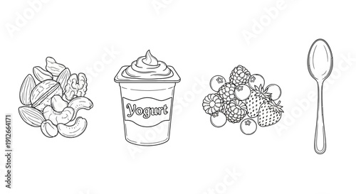 Healthy Breakfast Ingredients: Yogurt, Nuts, Berries, and Spoon - Line Art Illustration