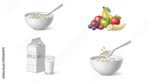 Healthy Breakfast: Oatmeal, Fresh Fruits, and Milk - Four Panel Collage