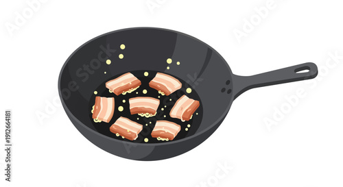 Frying pork belly in a dark skillet, showing meat browning and fat rendering. A culinary moment captured visually.