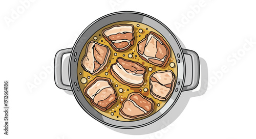 Charming overhead illustration of six succulent meat pieces gently simmering in a rich golden broth inside a classic cooking pot, evoking delicious