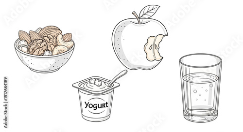 Healthy Breakfast: Yogurt, Nuts, Apple, and Water - Balanced Nutrition