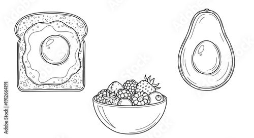 Healthy Breakfast Set: Fried Egg Toast, Fruit Bowl, Avocado Halves - Line Art