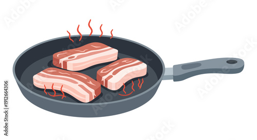 Illustrative depiction of three generously portioned fresh raw meat strips beginning to sizzle in a warm frying pan, signaling the start of a