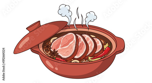 An appetizing illustration depicting a steaming clay pot brimming with succulent sliced meat, fragrant spices, and piquant chilies, embodying