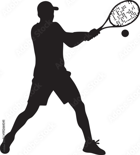 Person in mid-swing with a tennis racket silhouette isolated on white background minimalist tennis player and athletic sport illustration