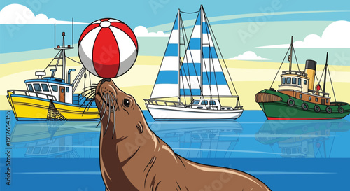 Sea lion balancing a beach ball near boats in the ocean