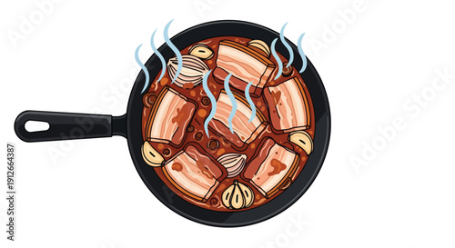 Simmering pork belly with garlic and onions in a pan, emitting steam, illustrating a comforting, freshly prepared, and delicious home-cooked meal