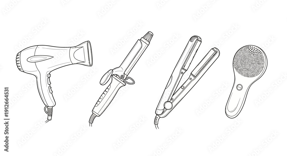 Fototapeta premium Hair Styling Tools Collection: Hair Dryer, Curling Iron, Straightener, Brush - Line Art