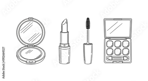 Hand drawn cosmetics collection: lipstick, mascara, eyeshadow, and compact mirror, sketch style