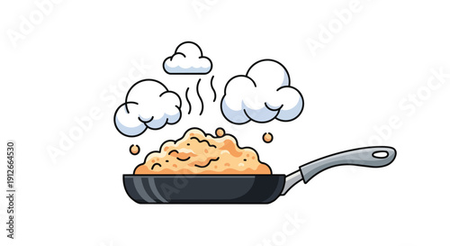 An appetizing visual representation of a savory breakfast preparation, where a pan holds a heap of freshly cooked, steaming food, conveying warmth
