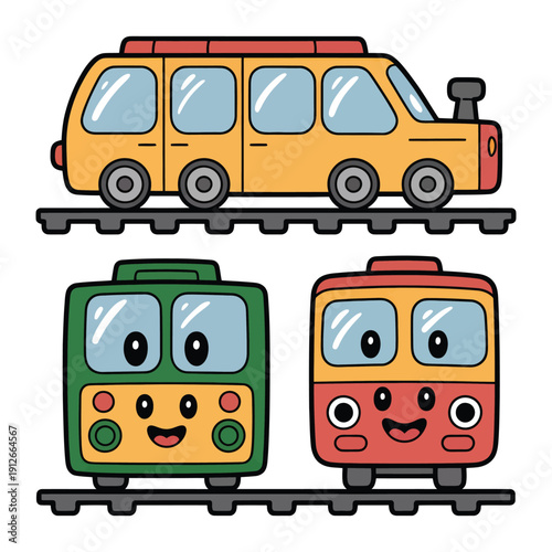 Playful Train Cars: Three whimsical train cars, each with a unique design and endearing expressions, chug along the tracks, exuding joy and childlike wonder.