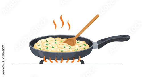 A vibrant vector illustration showing delicious food being skillfully cooked in a hot frying pan with a wooden spoon, capturing the essence of fresh