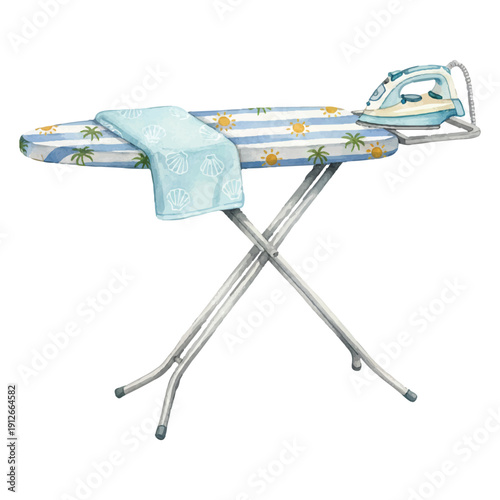 Ironing Board with Fabric Cover, Laundry Room Item, Watercolor Vector Illustration Isolated on White
