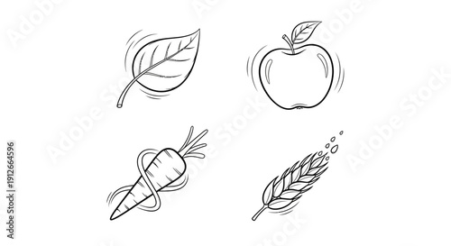 Hand-Drawn Icons: Leaf, Apple, Carrot, Wheat - Healthy Food & Nature Elements