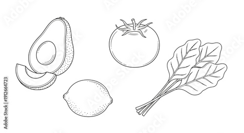 Hand-drawn illustration of fresh avocado, tomato, lemon, and spinach leaves on a white background.