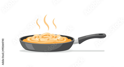 A vibrant vector illustration depicts a warm, savory golden dish, emitting gentle steam from a sleek, dark frying pan. It's a delightful symbol of