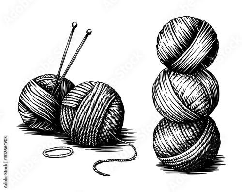 Black and white of yarn balls and knitting needles a white background thread