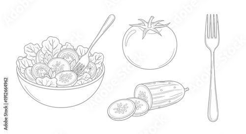 Hand-drawn sketch of fresh salad ingredients: bowl of salad, tomato, cucumber, and forks