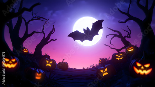 A spooky night scene with glowing jack-o'-lanterns and a flying bat