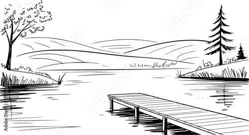 Hand drawn of a wooden pier a calm lake with rolling hills and trees water nature