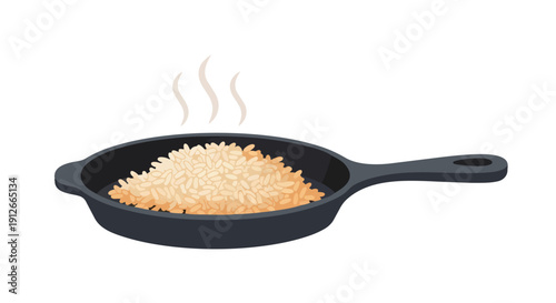 Illustration of fluffy, steaming rice nestled in a dark frying pan, evoking a sense of warmth and home cooking