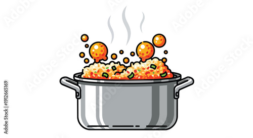 A vibrant cartoon illustration of a gleaming metallic pot vigorously boiling a delicious, steaming meal. Bubbling elements and rising vapor convey