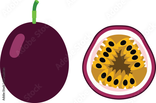 Passion fruit illustration with whole and halved view