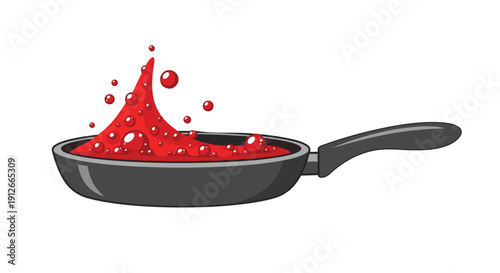 Energetic red liquid violently bubbling and splashing upwards from a sleek black frying pan, illustrating dynamic culinary action with vivid